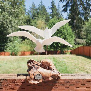 John Perry 2 SEAGULLS IN FLIGHT Polymer Sculpture on Burl-wood Base MCM Danish